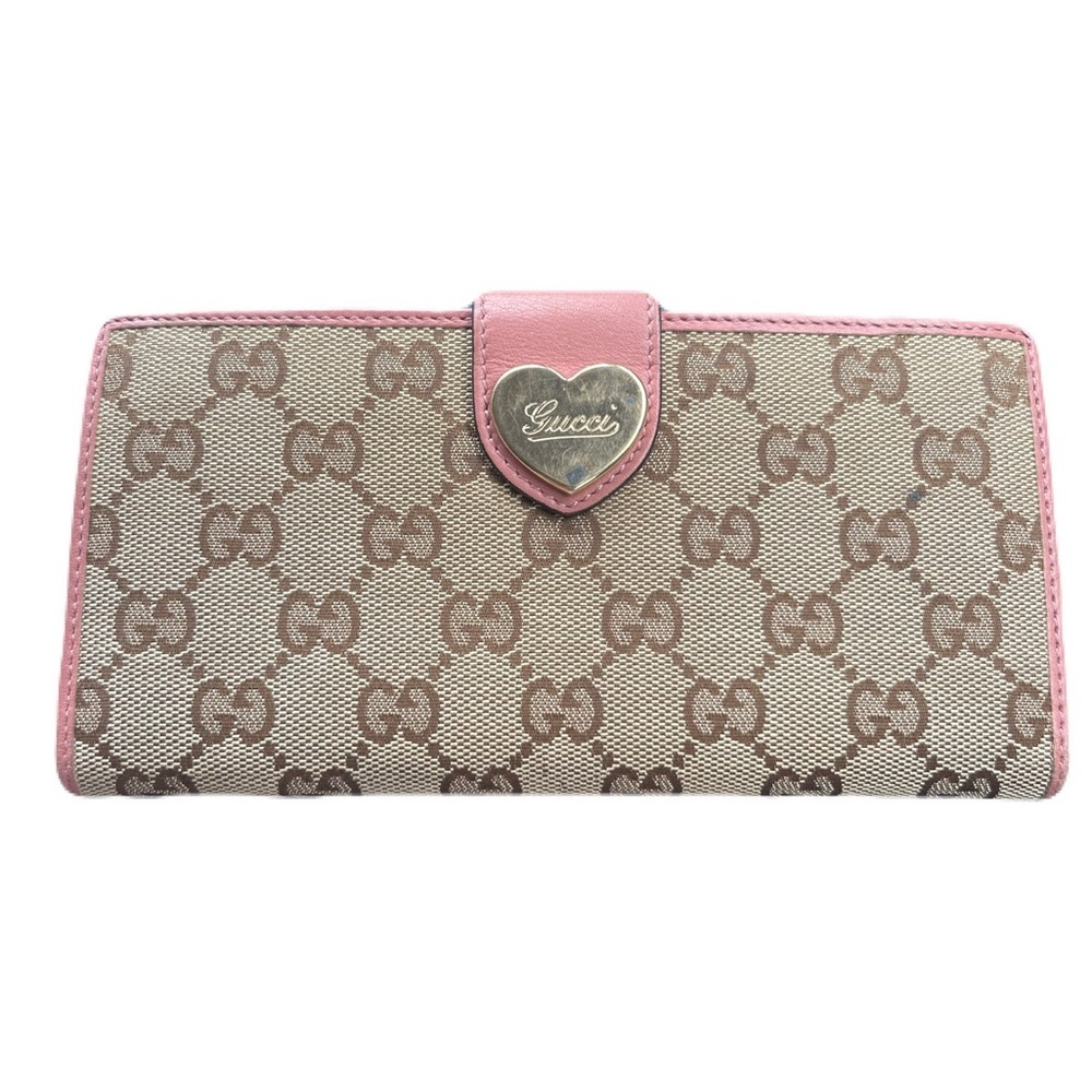 Gucci Pink and Brown Monogram Wallet with heart closure
